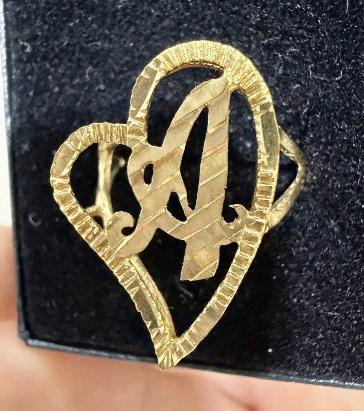10K Yellow Gold Vintage Large Diamond Cut Initial A Heart Size 7 Ring