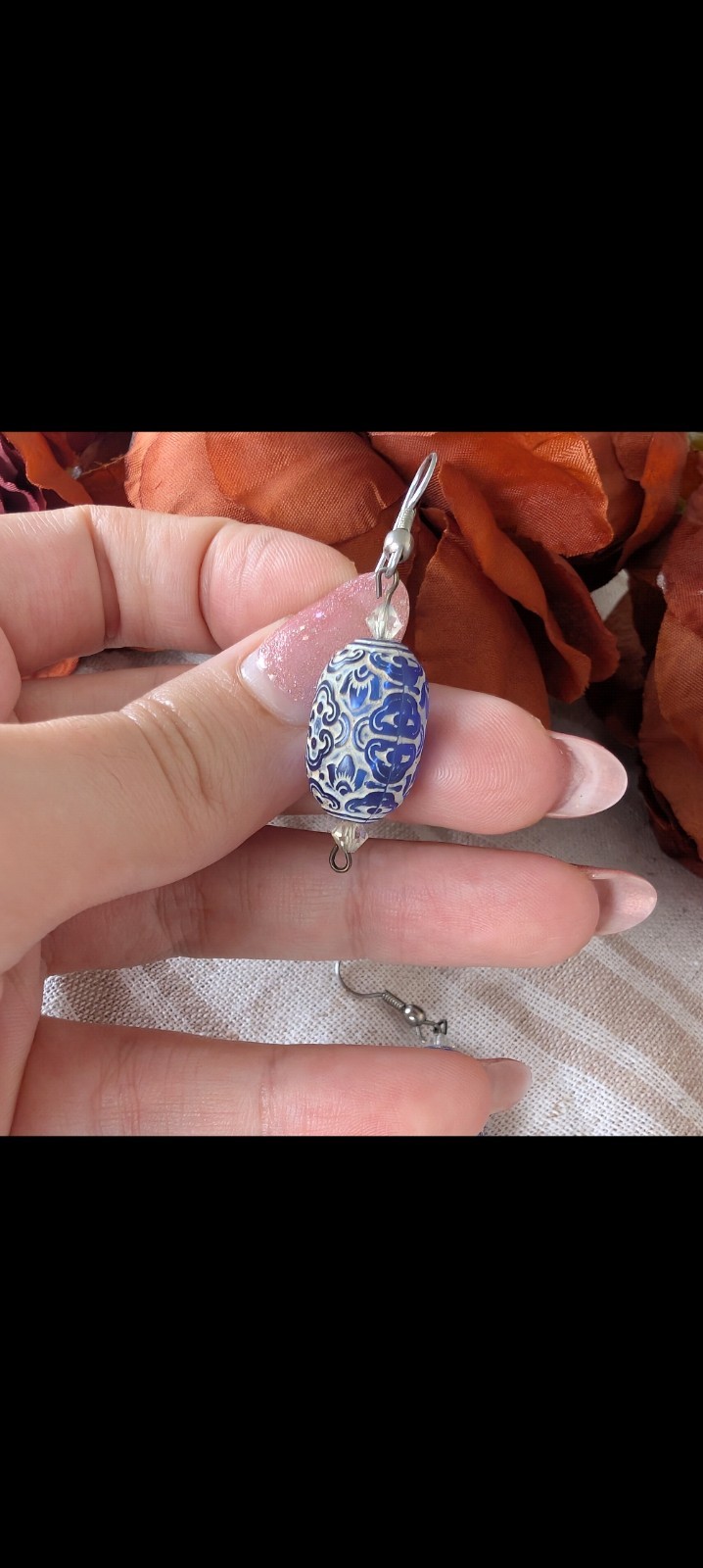 Blue & White Beaded Dangle Drop Hook Earrings Porcelain And Glass