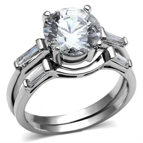 3.50ct Round Brilliant Baguette CZ Stainless Steel Engagement Wedding Ring Set