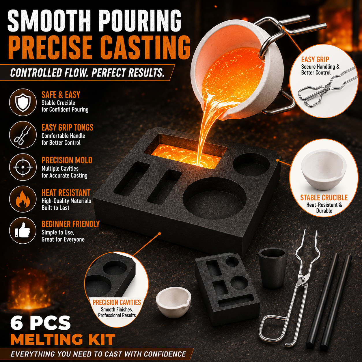 Graphite Casting Mold and Crucible Combo Kit 6PCS for Gold Silver Copper Melt