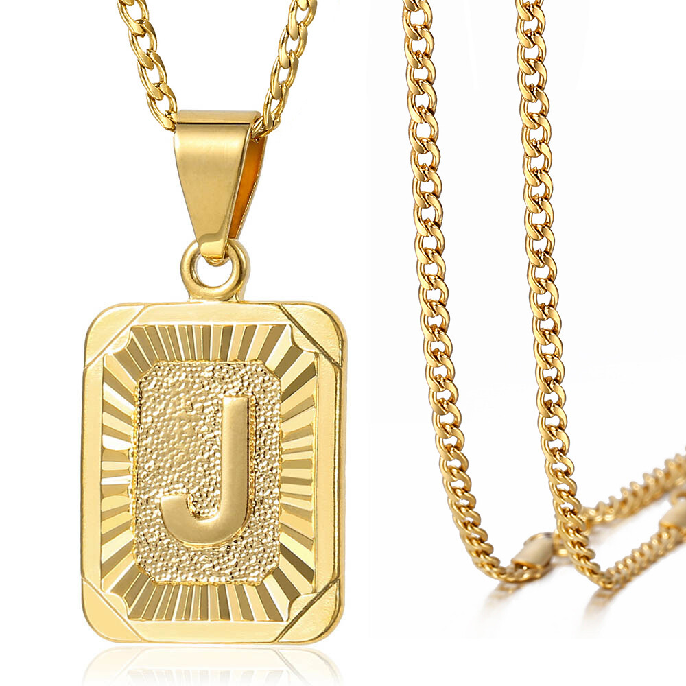 Gold Plated Initial Necklace Letter Pendant Stainless Steel Curb Chain Unisex