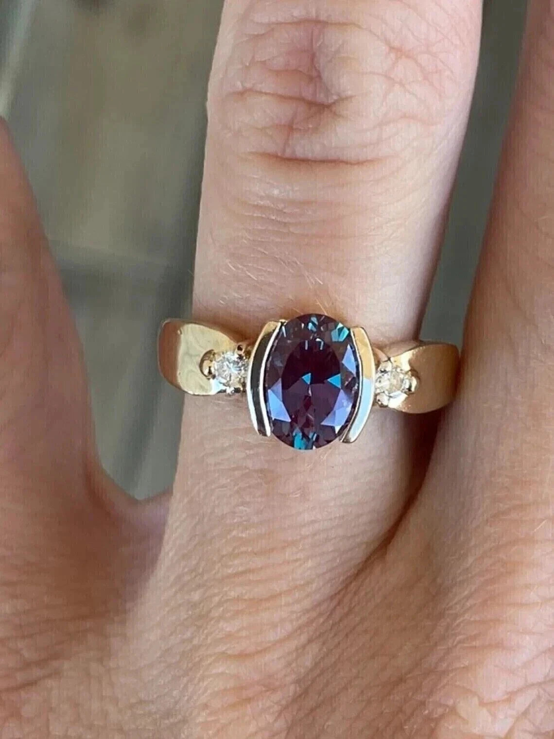 2.85 Ct Oval Cut Natural Alexandrite & Diamond Wedding Ring 14K Yellow Gold