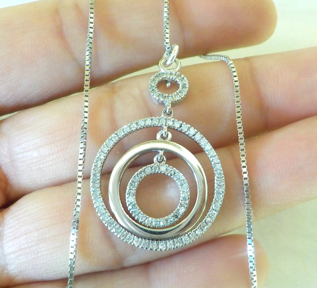 14K White Gold Triple Circle Drop Diamond Necklace – 6.50 gms, 17 in, 0.42 ctw