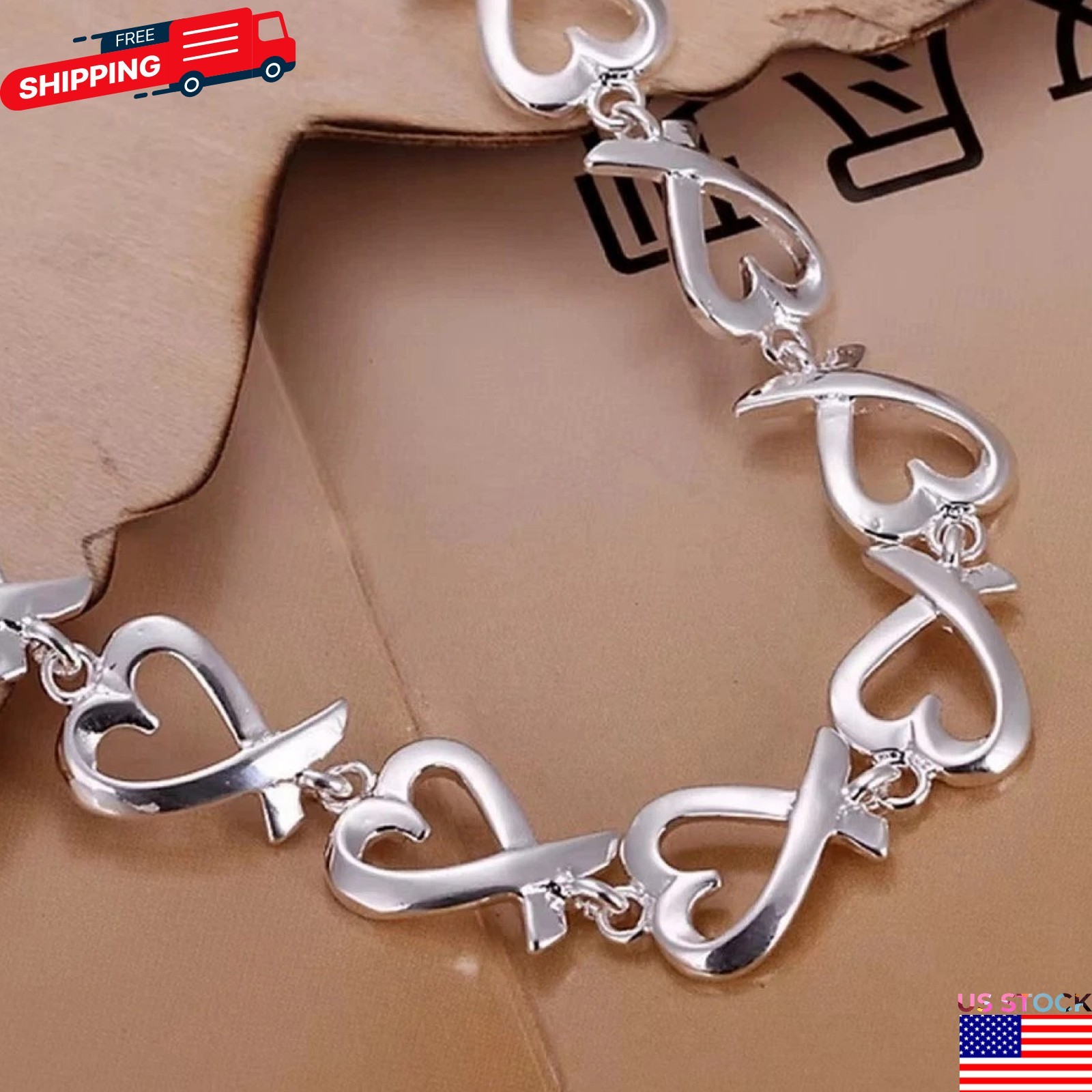 925 Sterling Silver Charm Heart Thick Chain Women Bracelet Fashion Jewelry