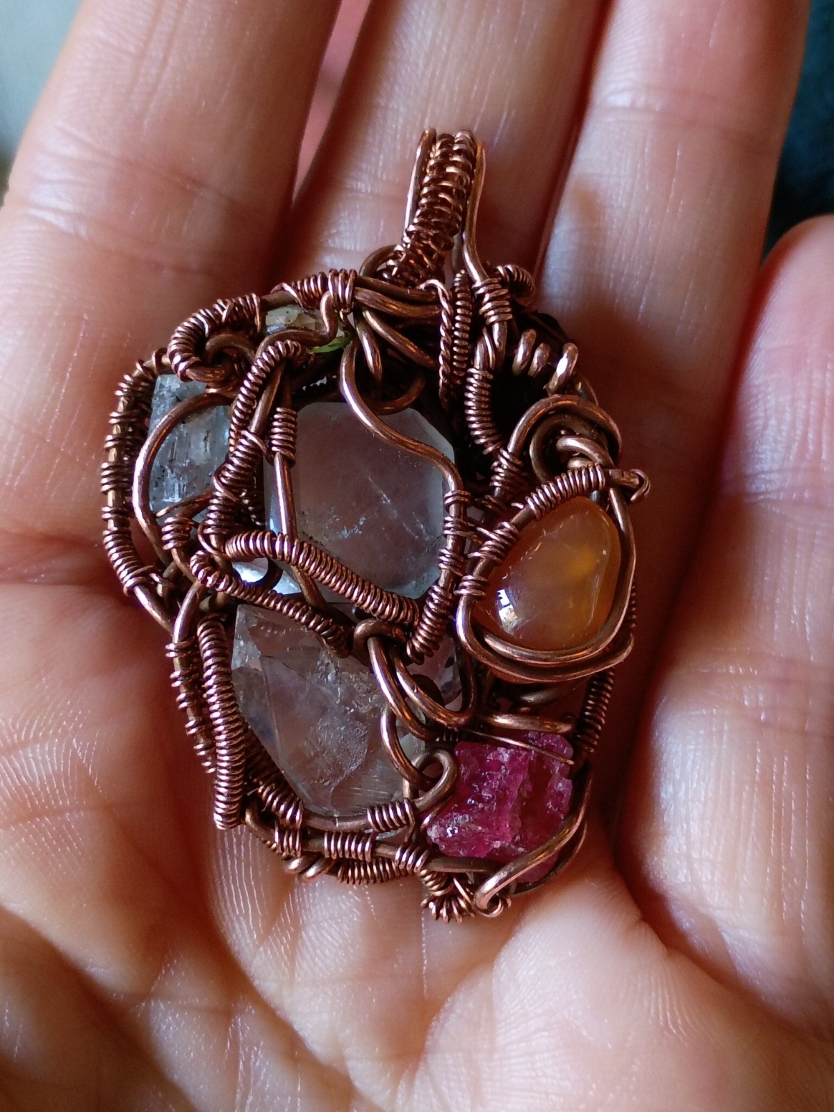 Multicolor Multiple Gem Stone Pendant Necklace Copper Wirewrap Amulet