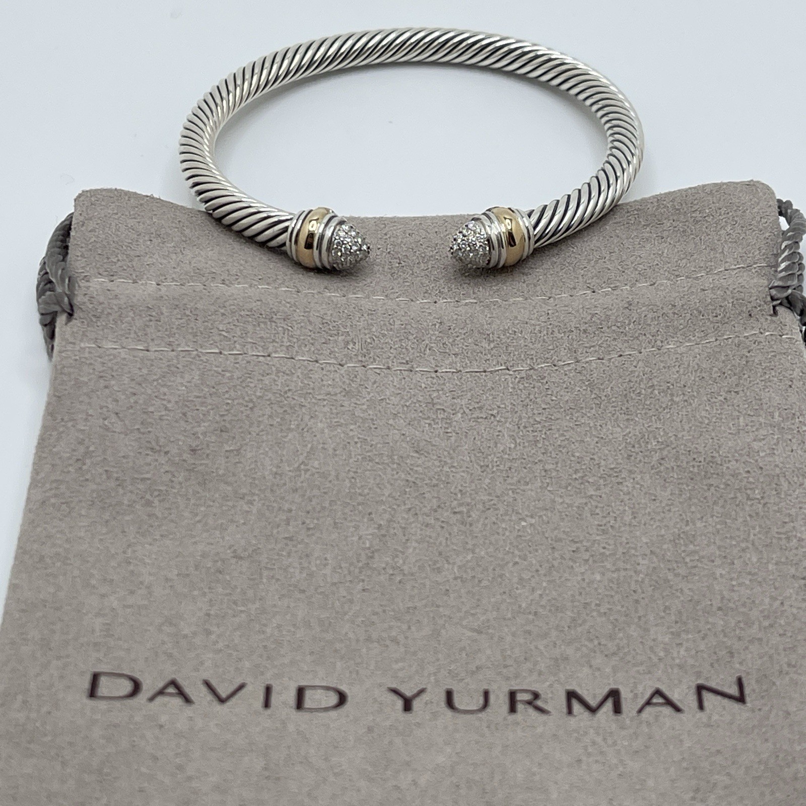 David Sterling Silver & 14K Gold 5mm Cable Cuff Bracelet Diamond Tips