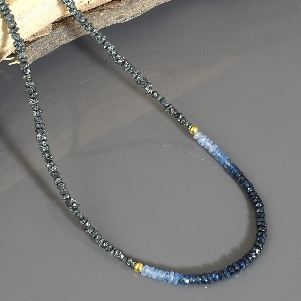 Natural Black Diamond And Blue Sapphire Beads Nuggets 925 Silver Strand Necklace