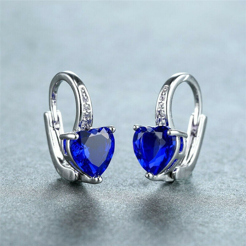 Pretty New Silver Plated Blue Heart CZ Leverback Hoop Dangle Drop Earrings