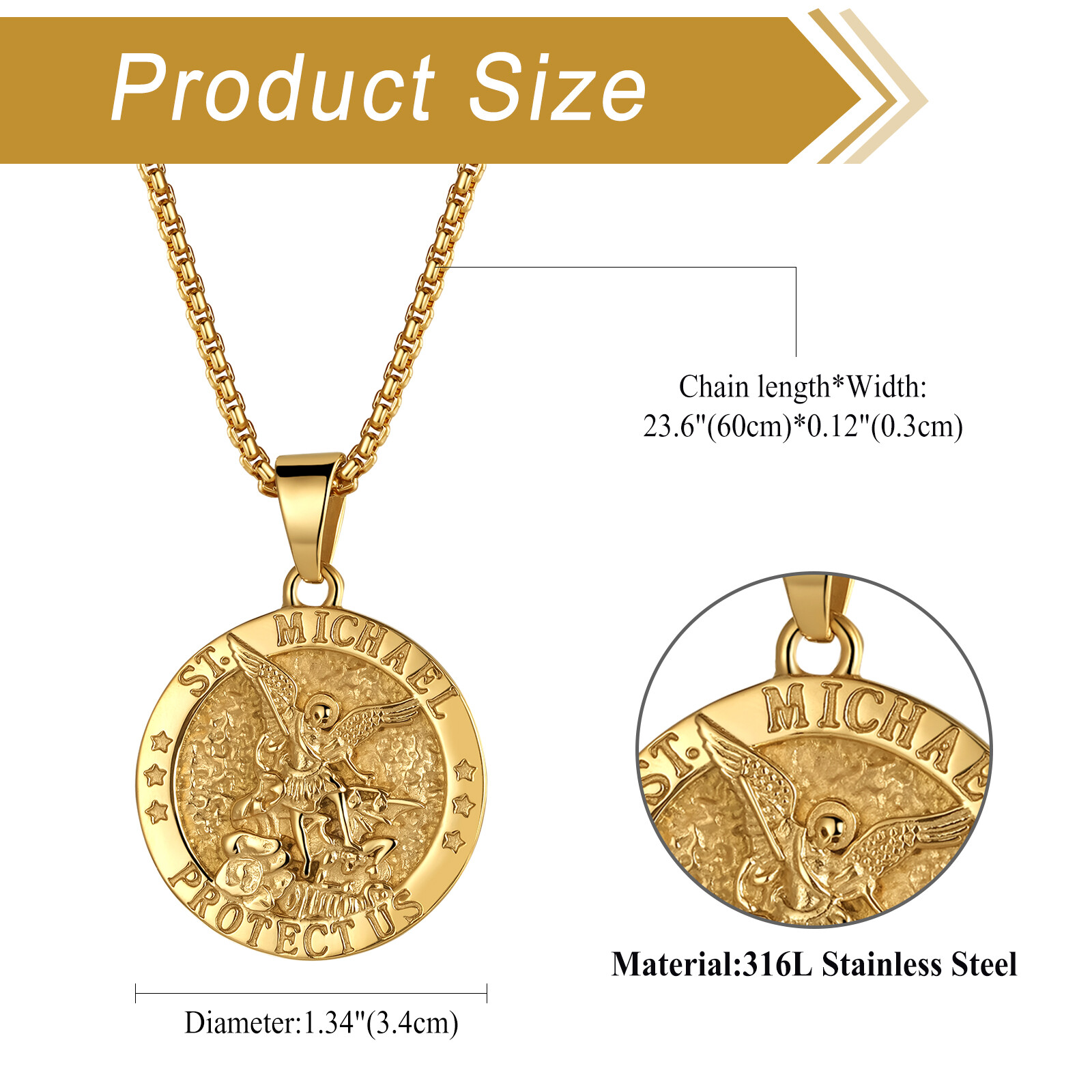 Mens St Michael Necklace Archangel Catholic Medal Stainless Steel Amulet Pendant