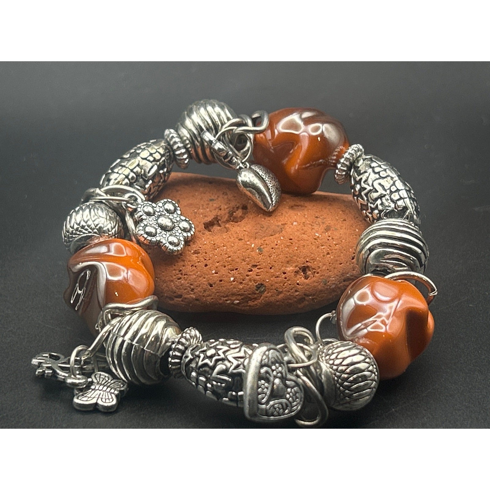 Vintage Orange Beaded Charm Bracelet | Silver Tone Heart Butterfly Dragonfly