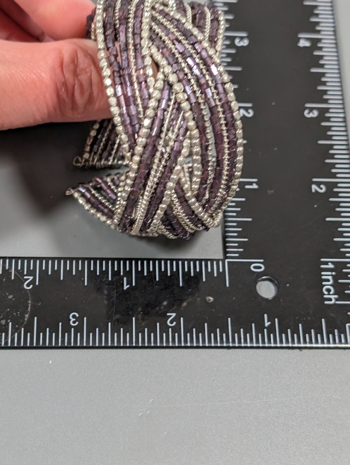 Beachy Coastal Purple Glass Bead Silver Tone Braided Open Cuff Bracelet 6.5 in