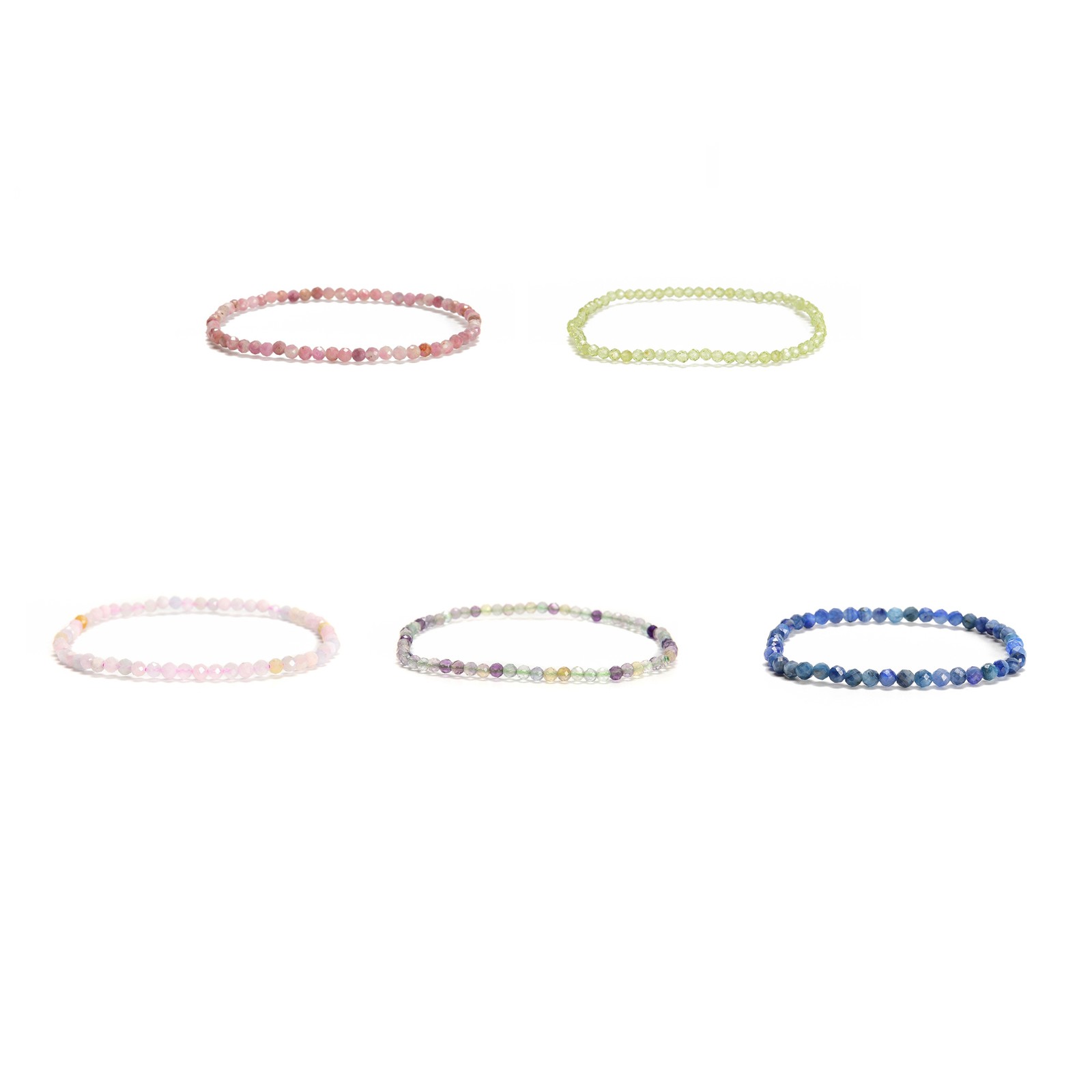 02-Natural Gemstone Faceted Round Beaded Elastic Bracelet 2mm 3mm 4mm 7.5” Long