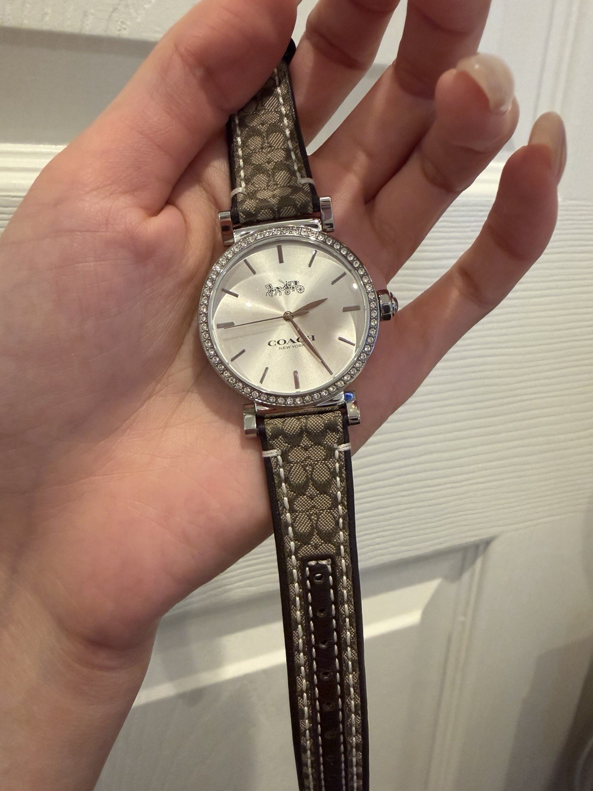 Coach Women’s Quartz Watch Silver Dial Crystal Bezel Brown Leather Strap Box
