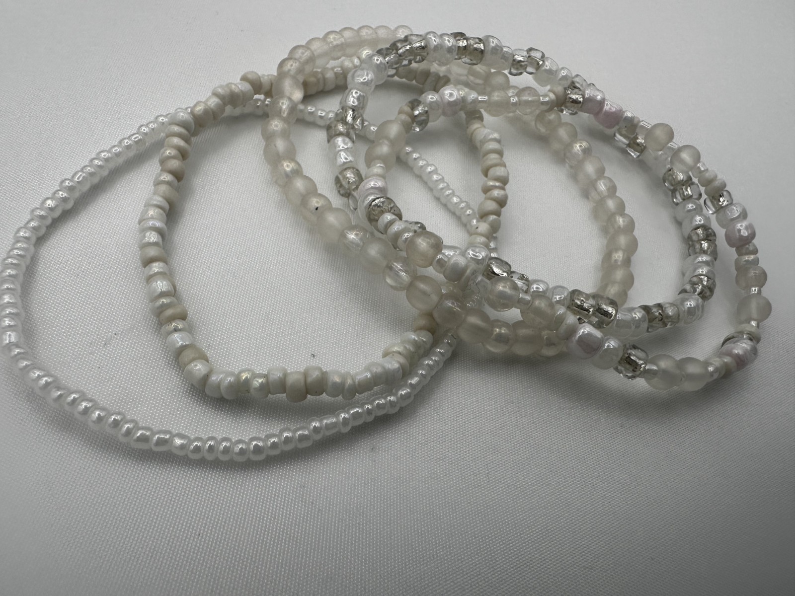Handmade White/Cream Elastic String Seed Bead Bracelets Stack Set of 5