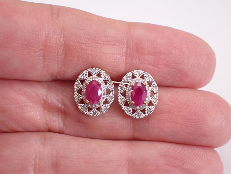 2.20Ct Oval Cut Lab Created Ruby Snowflake Stud Earrings 14K Yellow Gold Plated