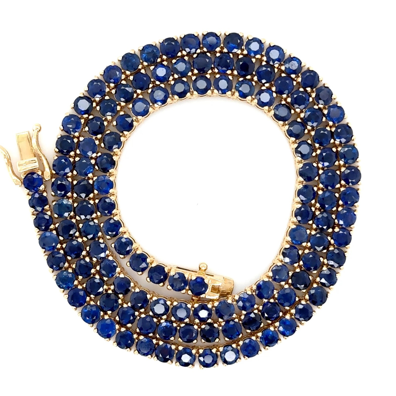14K Yellow Gold 17″ Full Eternity Round Blue Sapphire Tennis Necklace 28.85ctw