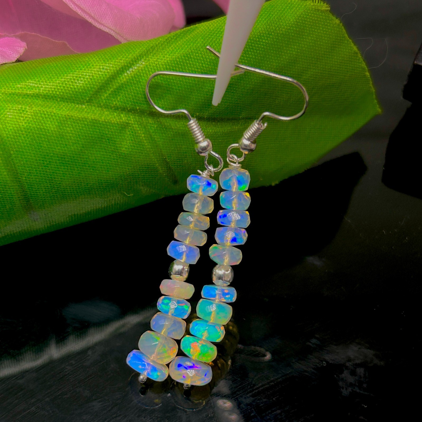 Natural Opal Faceted Bead and Dangle Earrings, Multifire Opal Gemstone Bead