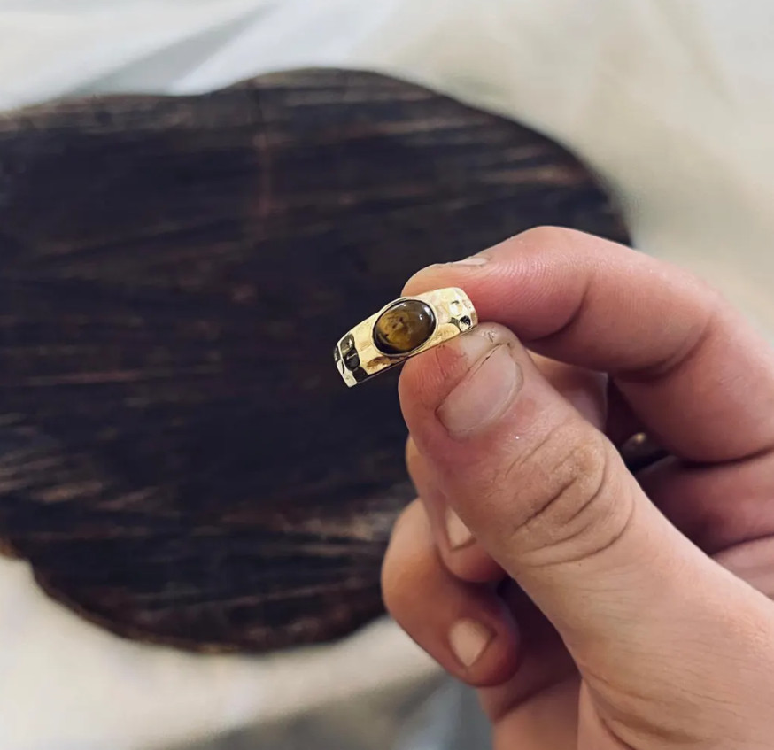 Natural Oval Cut Tiger’s Eye Brass Ring Anniversary Gift Ring For Men & Women