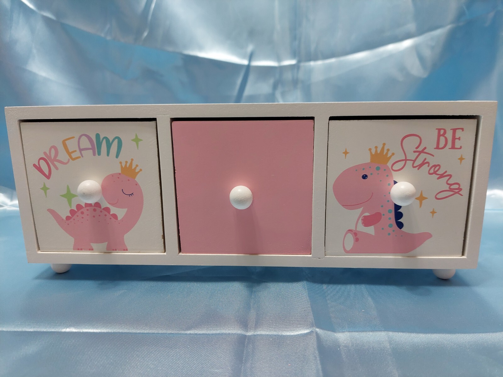 SUPER ADORABLE WOODEN THREE DRAWER HANDMADE TRINKET / JEWELRY BOX 12″ LONG NEW