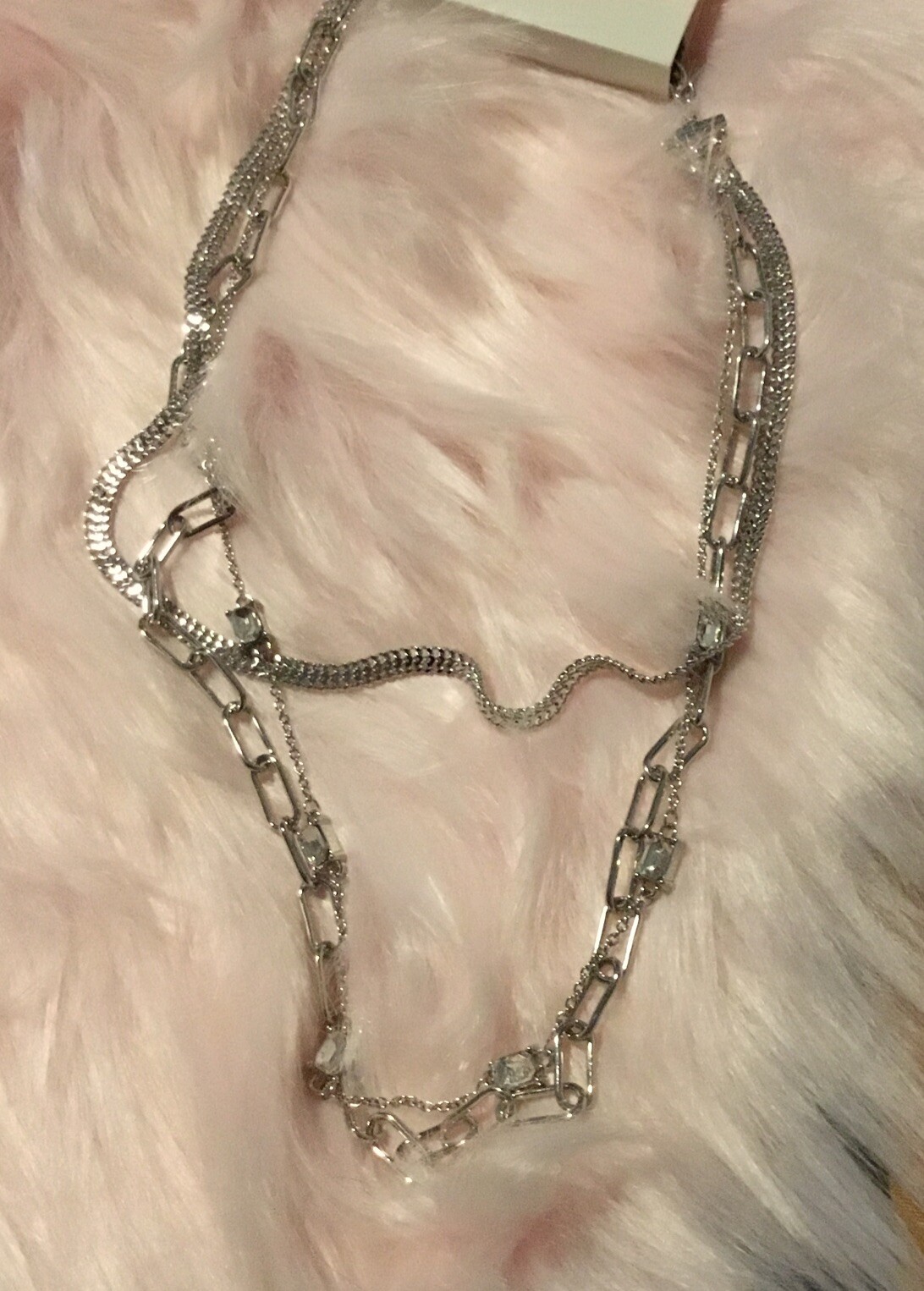 On 34th Crystal & Mixed Link Layered Collar Necklace, 16″ + 2″ extender, Silver
