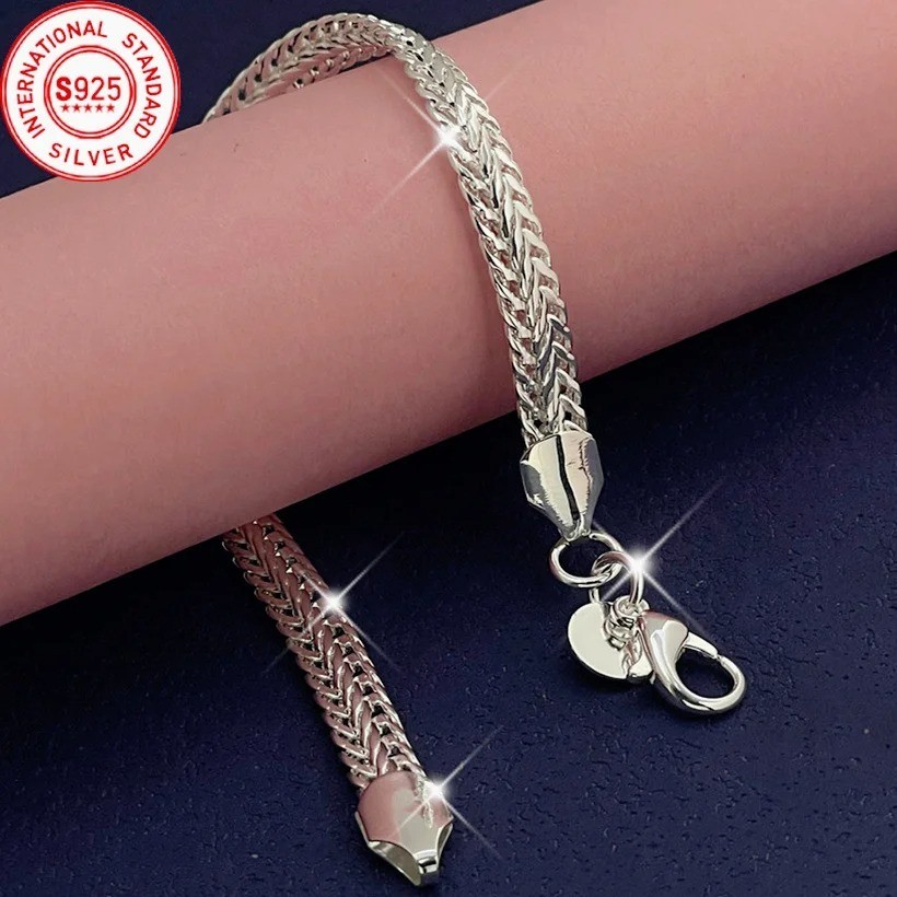 925 Sterling Silvery 6MM Flat Snake Chain Bracelet for women lady men Solid Side