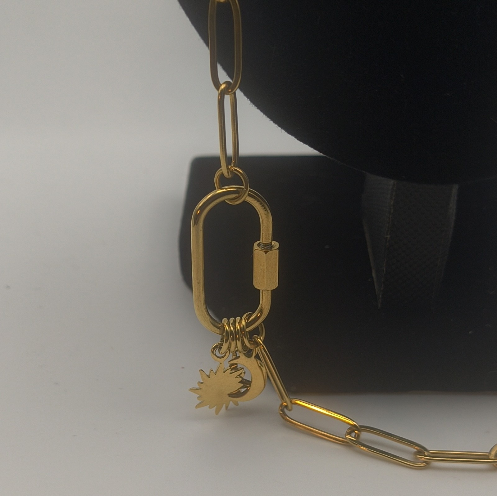 Nominal Gold Tone Bar Link Chain Necklace Asymmetrical Sun Charm Lobster