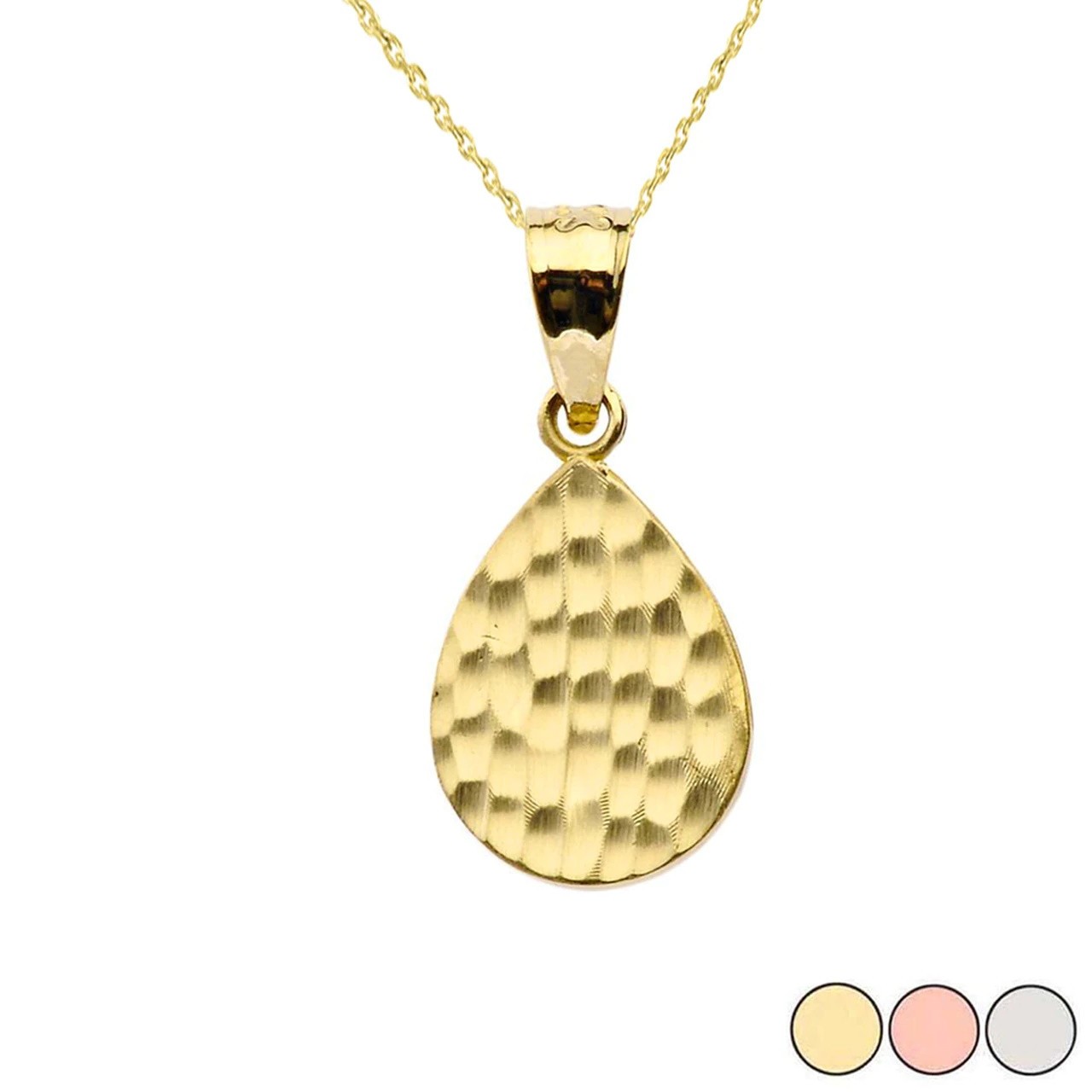 Hammered TearDrop Pendant Necklace in Gold (Yellow/Rose/White)
