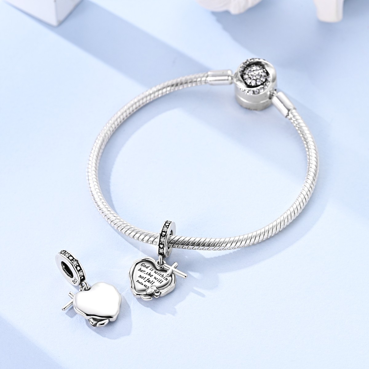 MULA 925 Sterling Silver DIY Charm AAA CZ Bible Heart Pendant for Women Bracelet