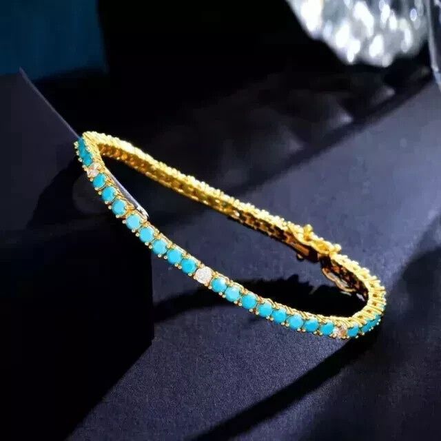 Tennis Bracelet 3mm Round Lab-Created Blue Turquoise and Diamond 14K Gold Plated