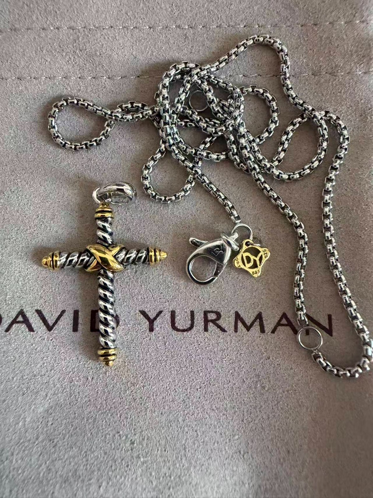 David Yurman 2mm Cable Cross Pendant Sterling Silver with 14K Yellow Gold 19.5″