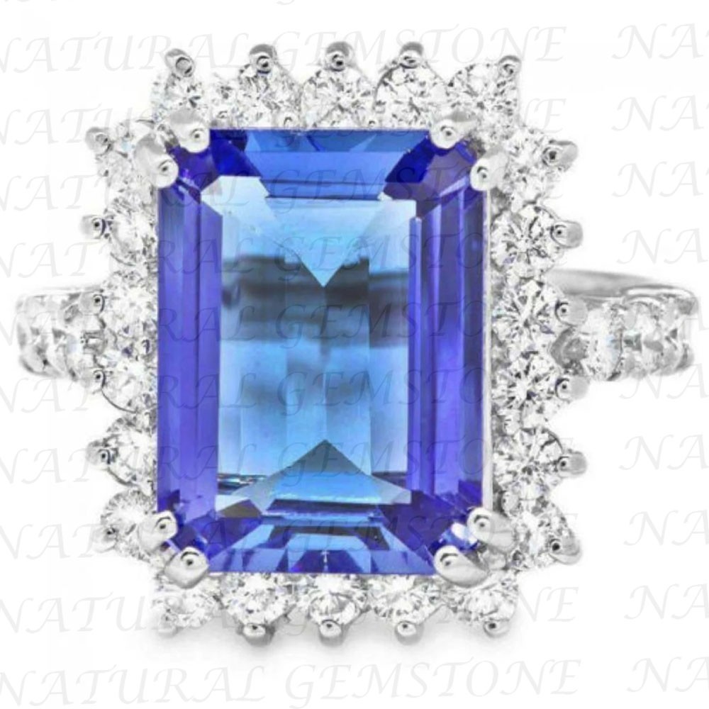 6.80Carat Emerald Shape Natural Tanzanite and Diamond Ring 18K White Gold Plated