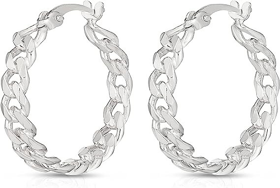 Italian Solid 925 Sterling Silver 20MM Curb Chain Huggie Hoop Earrings For Women