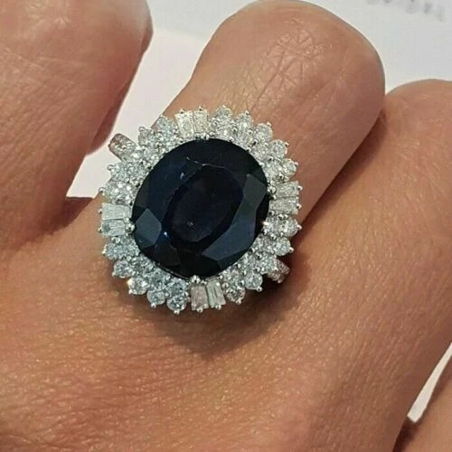 Lab Created 4CT Oval Blue Sapphire Halo Engagement Ring 14K White Gold Plated