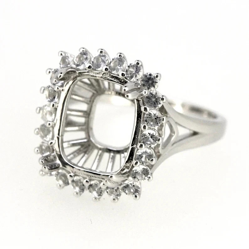 14K White Gold Over Semi Mount Ring Setting Radiant 12x10mm Halo Diamond Accent