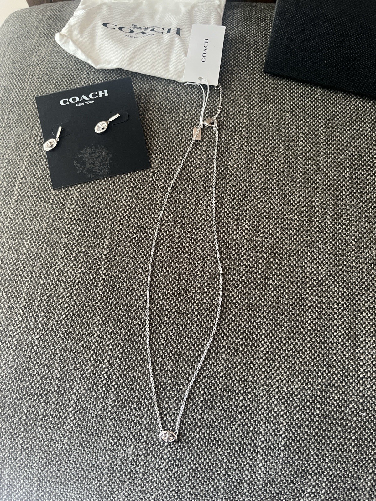 Coach Signed Silver Plated Jewelry Set Necklace & Earrings, No Stone
