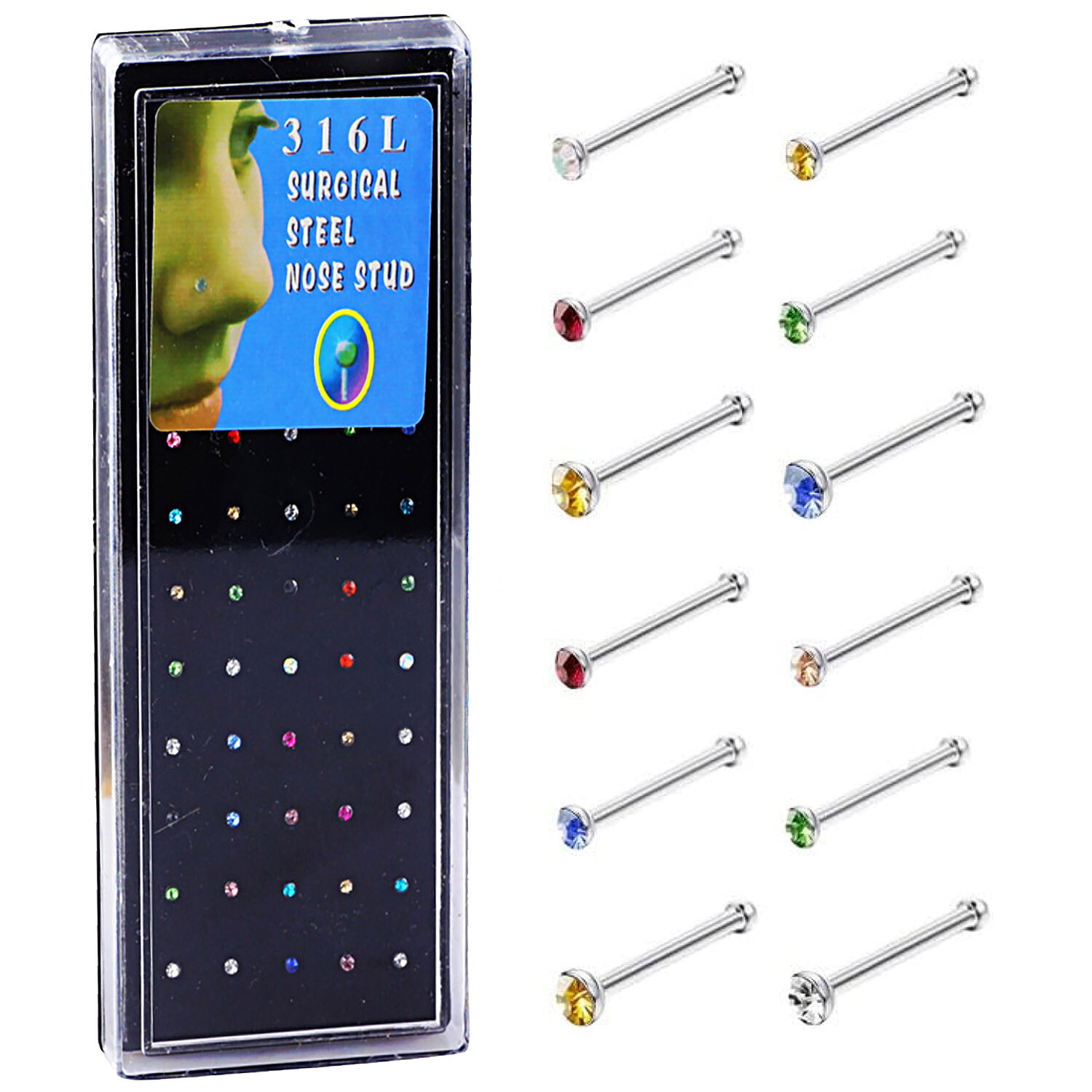 40pcs Nose Rings for Women Stainless Steel Colorful CZ Nose Studs Bone Stud 20g
