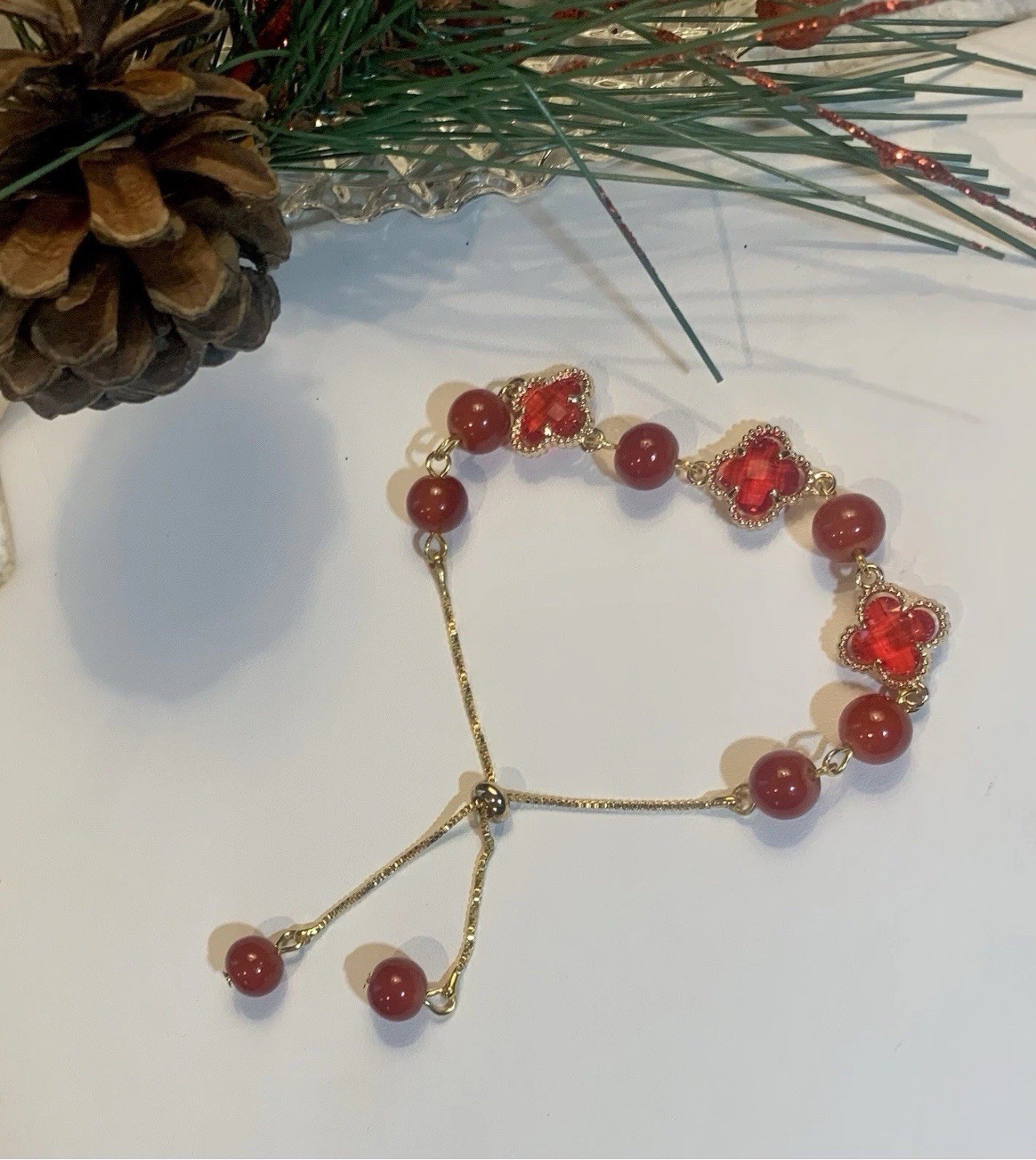 Red Round Beaded Cloverleaf Charm Bracelet Snake Chain Adjustable