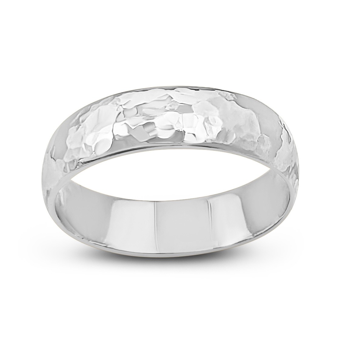 Solid 18K White Gold Hammered Ring, Handmade 5mm Hammer Texture Wedding Band