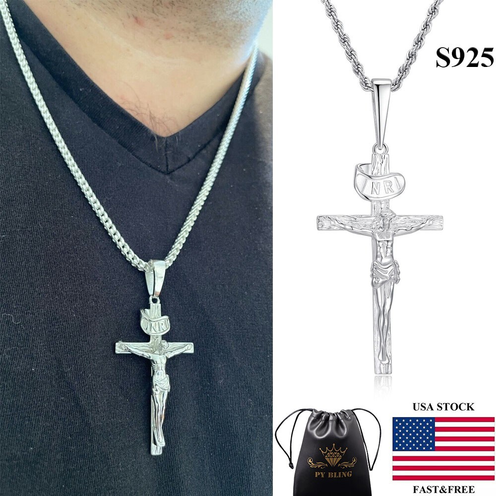 Real S925 Sterling Silver Pendant For Men Religious Cross Jesus Piece Crucifix