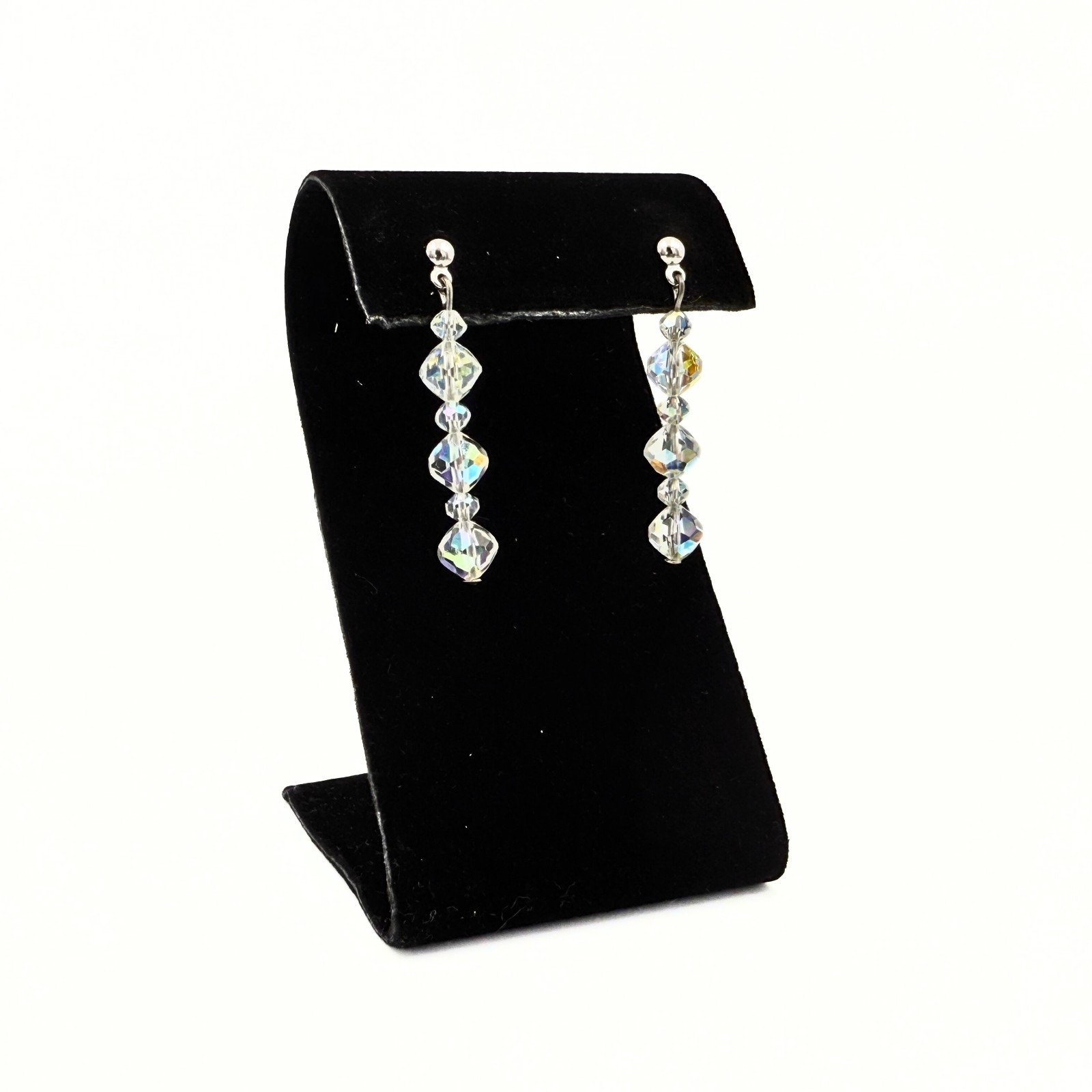 Vintage High End Aurora Borealis Crystal Long Dangle Post Earrings