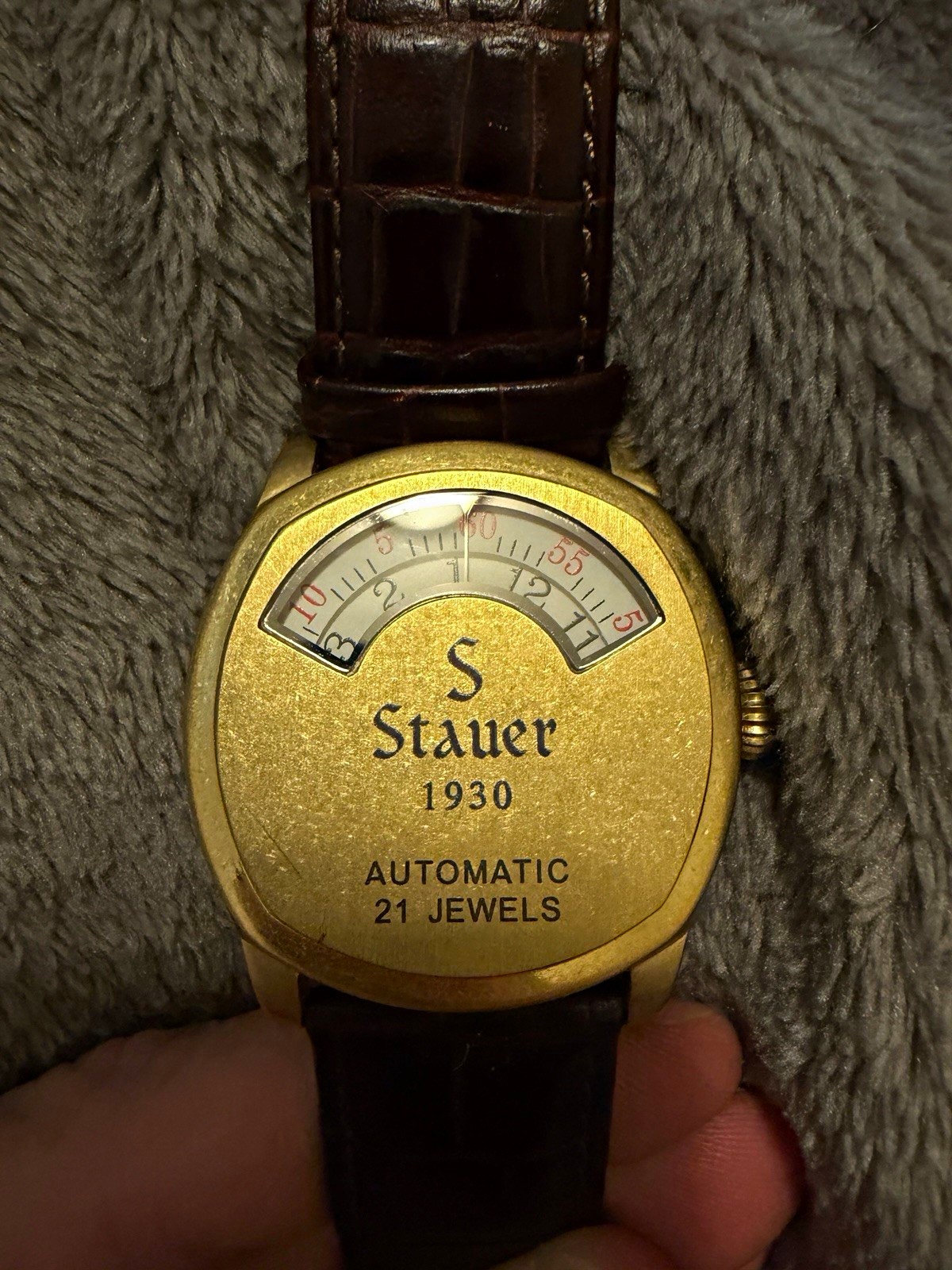 Stauer 1930 Automatic 21 Jewel 38mm Cushion Gold Case Brown Leather Strap