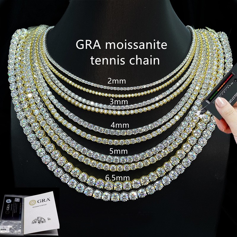 2-6.5mm VVS1 MOISSANITE Tennis Chain Necklace S925 Sterling Silver – Men Women
