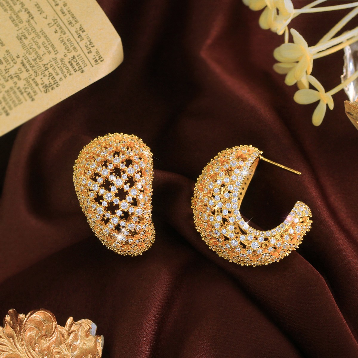 Luxurious Gold Plated Cubic Zirconia Curved Drop Hoop Earrings for Women Wedding