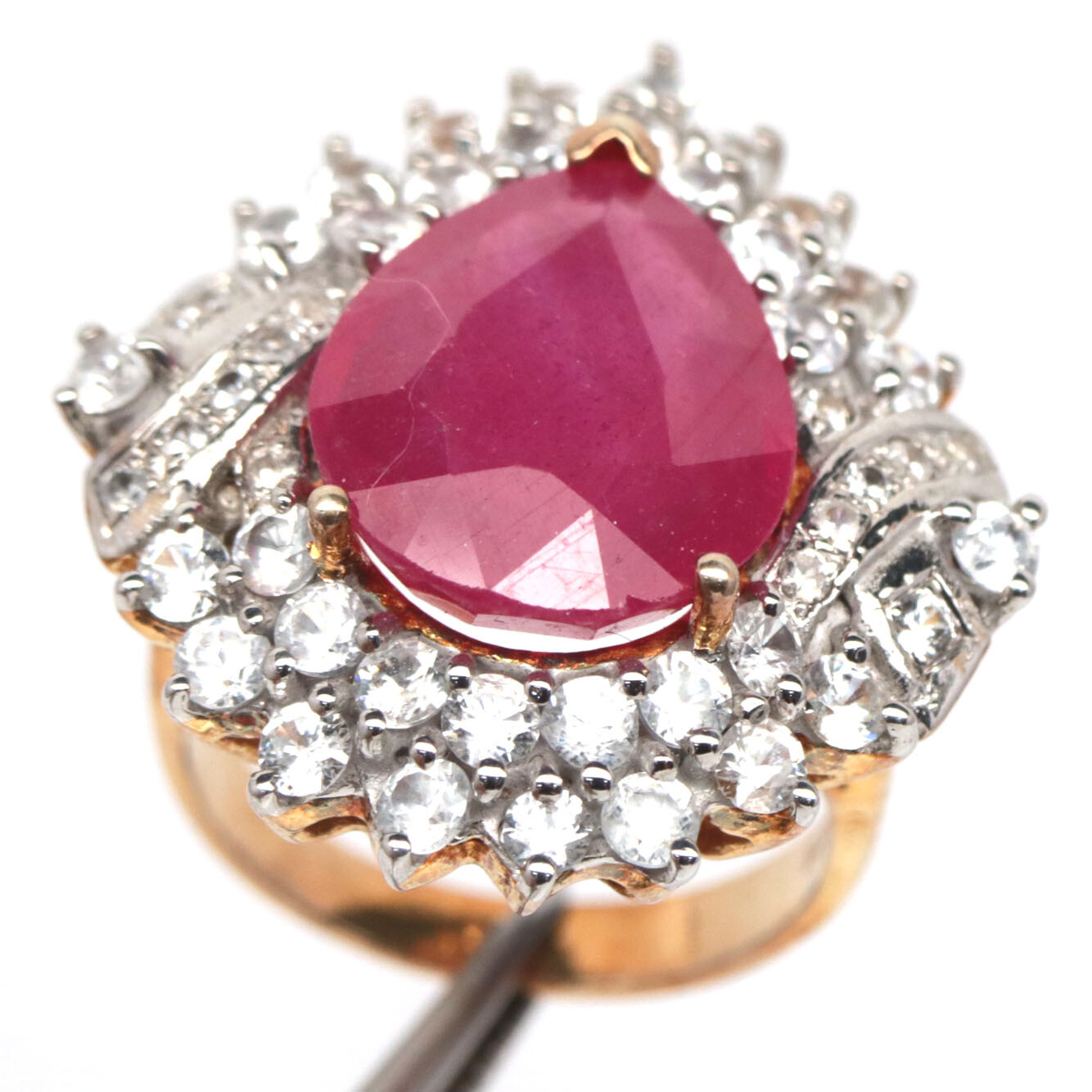 925 Sterling Silver 12 x 15 mm. Red Ruby & White Zircon Statement Ring Size 6.75