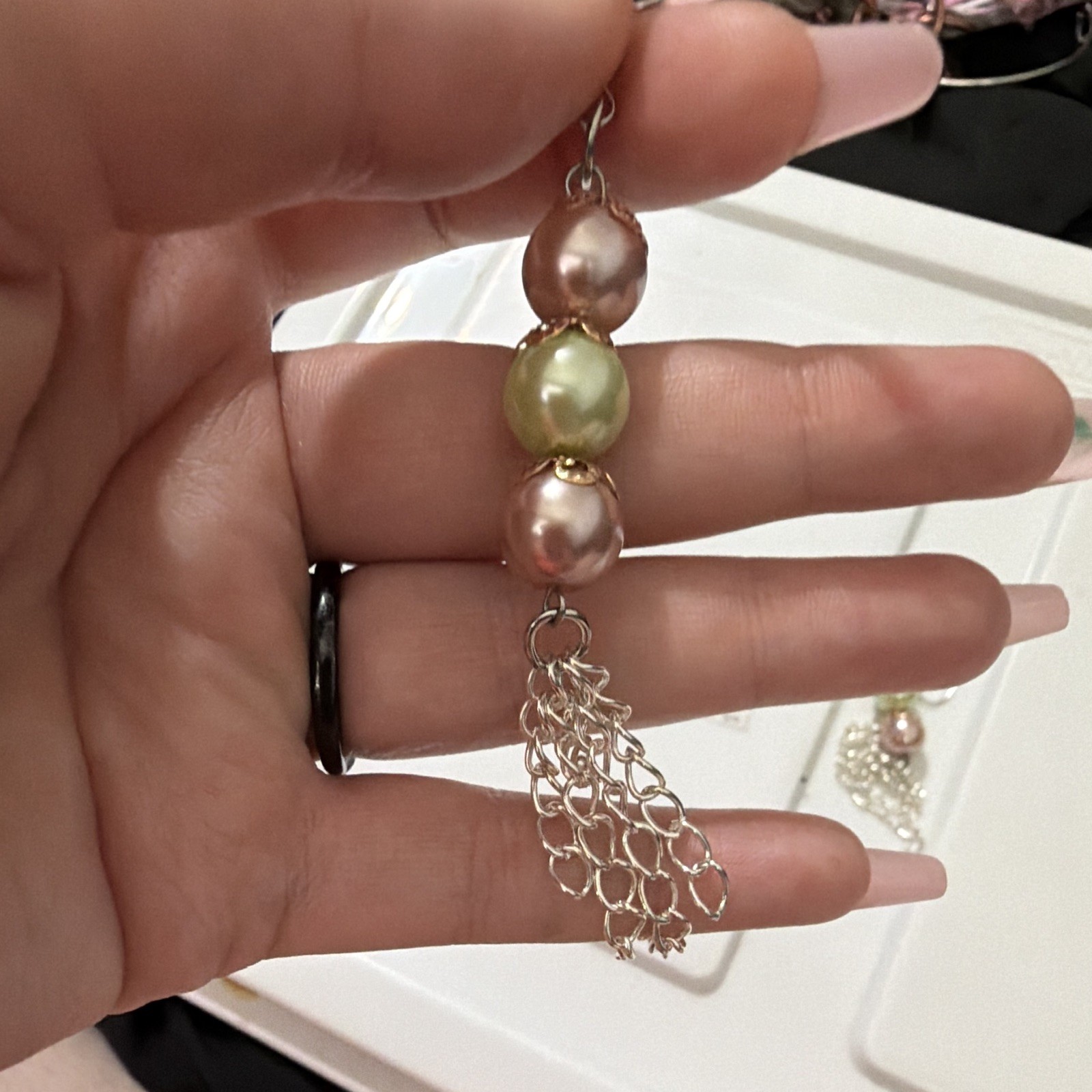 Silver Tone Dangle/Drop Hook Earrings Pink & Green Simulated Pearl Beads