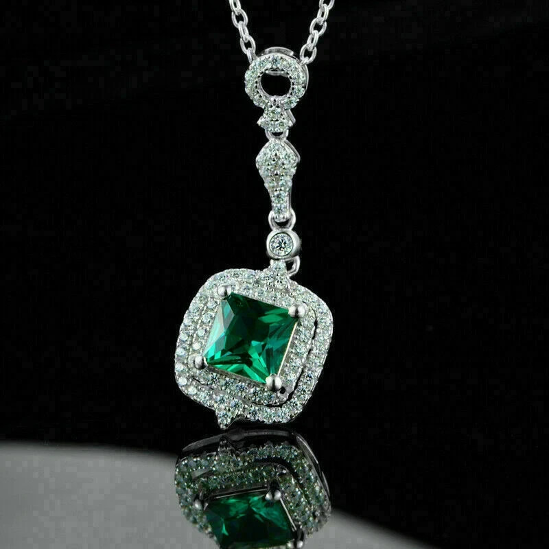 4Ct Princess Cut Green Emerald Halo Pendant 18″ Free Chain 14K White Gold Finish