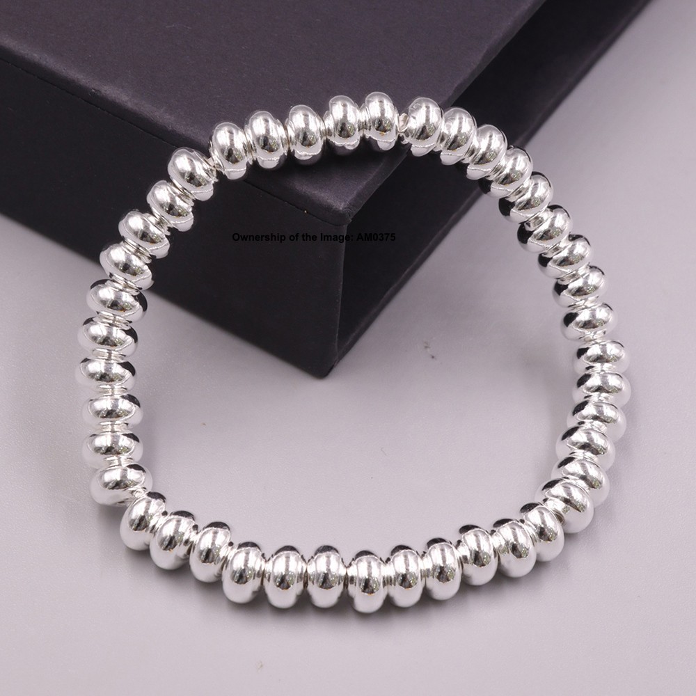 Pure 999 Fine Silver 6.5mm Flat Beads Elastic Bracelet DIY Stretch Bracelet