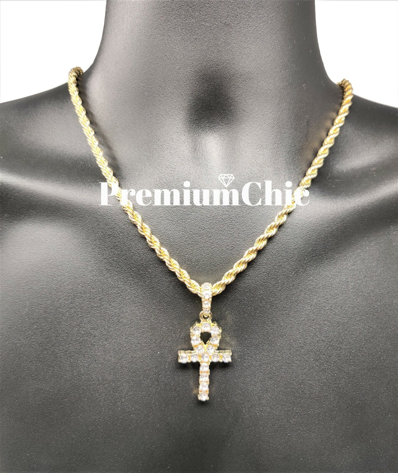 ICED ANKH Cross Pendant and Rope Chain Necklace Mens Hip Hop Plated CZ Jewelry