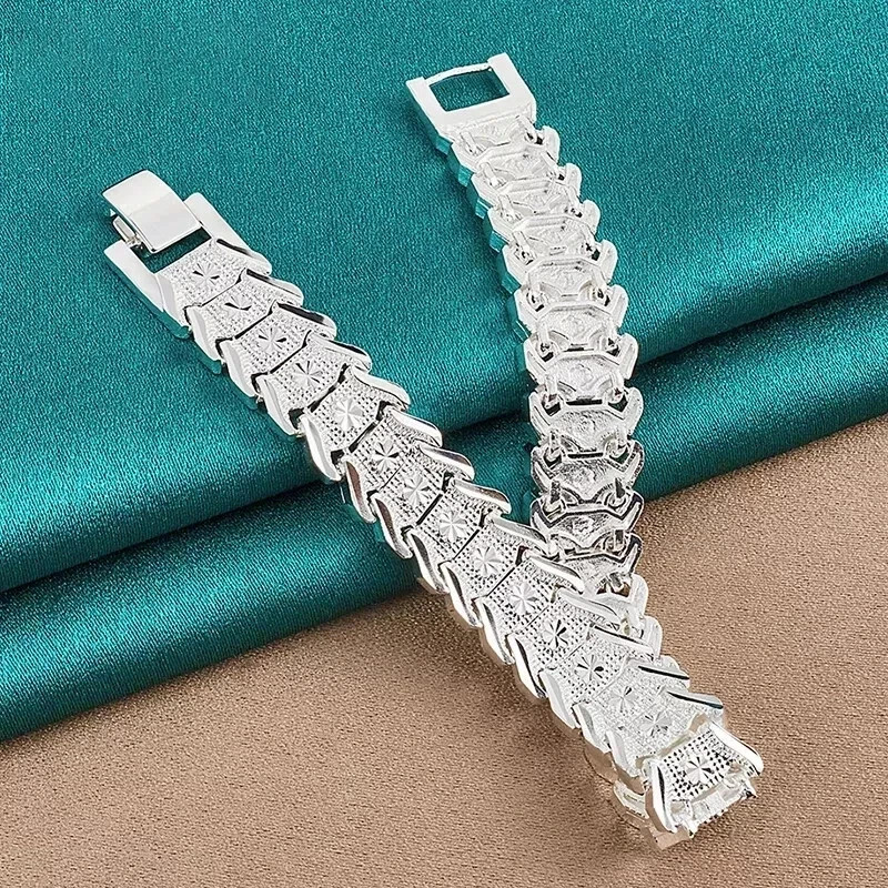 925 Sterling Silver Flower Pattern Wide Wristband Bracelet 20cm 7.9 Inch