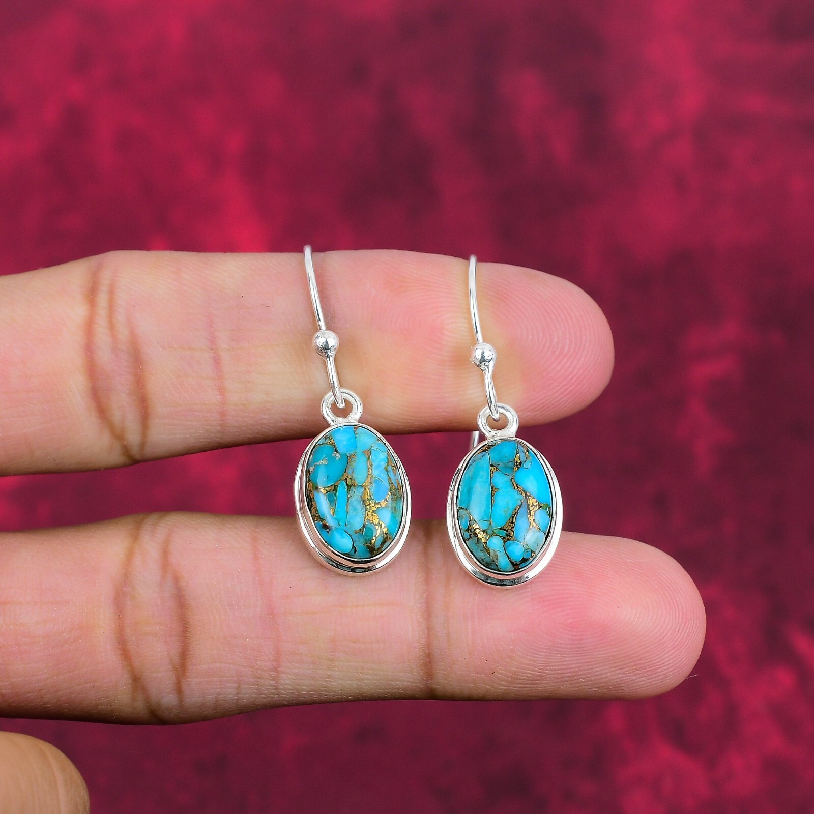 Blue Copper Turquoise Gemstone Handmade 925 Sterling Silver Earrings Jewelry